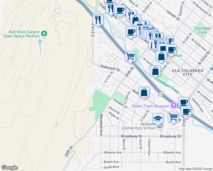 map of restaurants, bars, coffee shops, grocery stores, and more near 706 South 27th Street in Colorado Springs