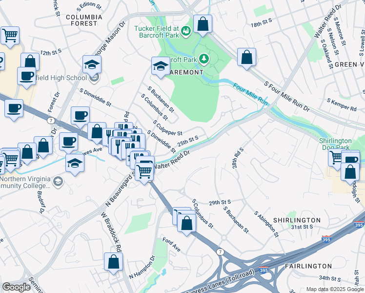 map of restaurants, bars, coffee shops, grocery stores, and more near 4944 25th Street South in Arlington