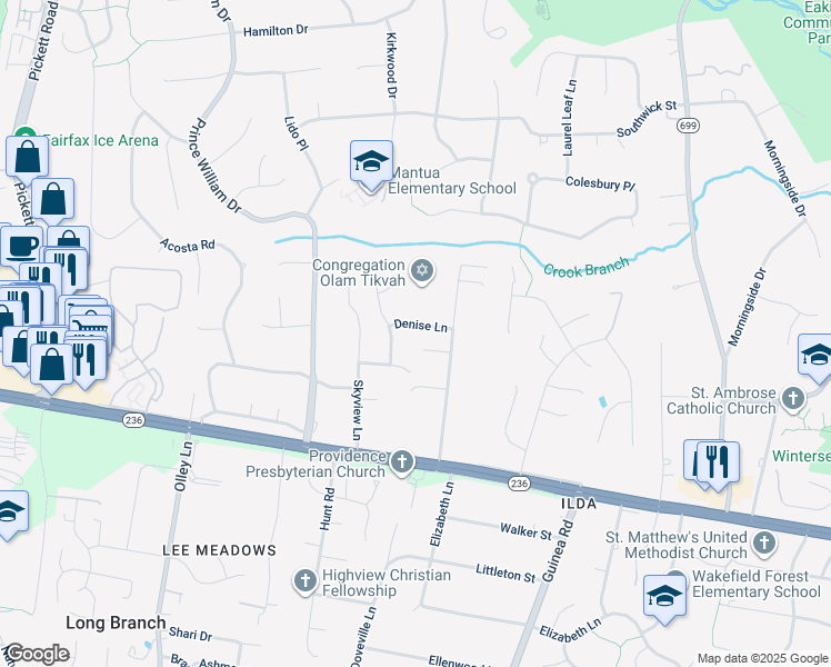 map of restaurants, bars, coffee shops, grocery stores, and more near 9025 Denise Lane in Fairfax