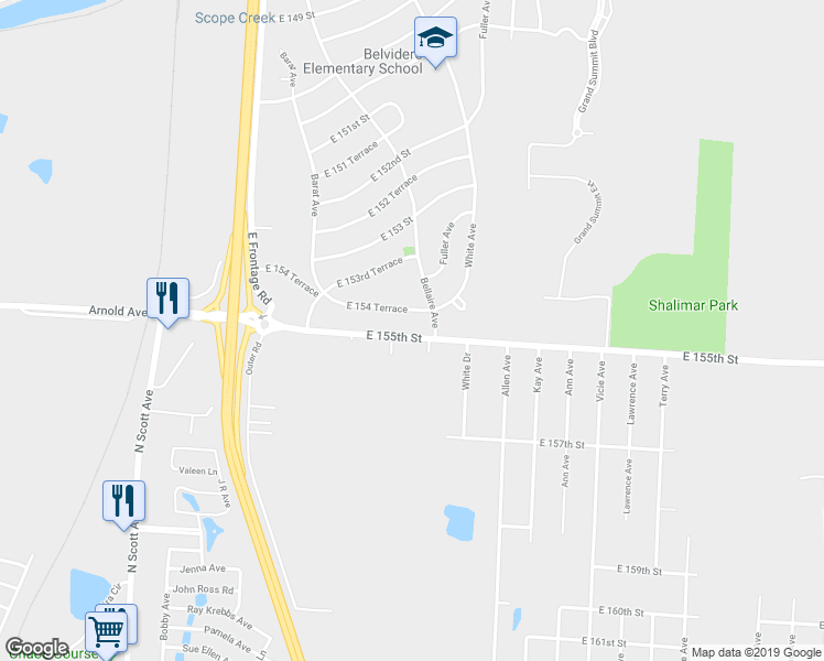 map of restaurants, bars, coffee shops, grocery stores, and more near 6400 East 154 Terrace in Grandview