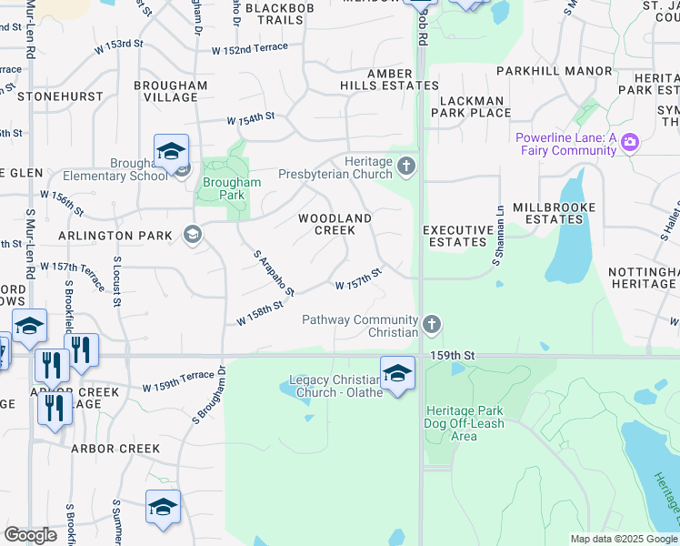 map of restaurants, bars, coffee shops, grocery stores, and more near 15215 West 156th Court in Olathe