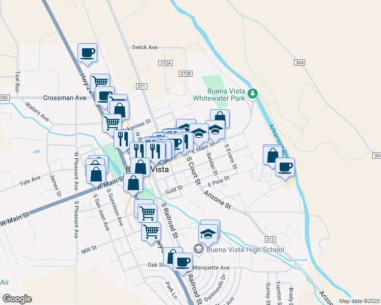 map of restaurants, bars, coffee shops, grocery stores, and more near 513 East Main Street in Buena Vista