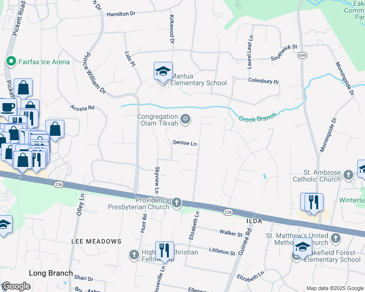 map of restaurants, bars, coffee shops, grocery stores, and more near 9025 Denise Lane in Fairfax