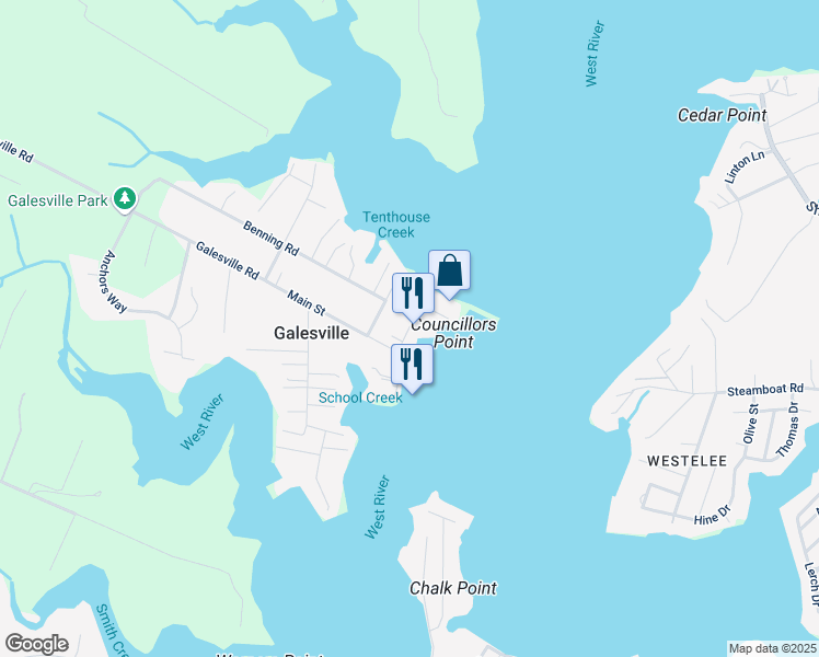 map of restaurants, bars, coffee shops, grocery stores, and more near Riverside Drive in Galesville