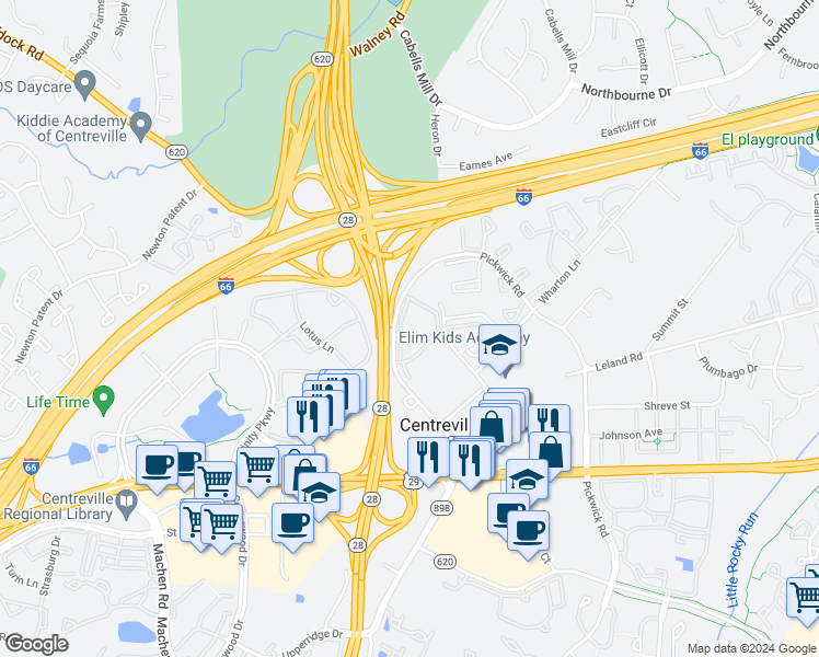 map of restaurants, bars, coffee shops, grocery stores, and more near 5636 Willoughby Newton Drive in Centreville