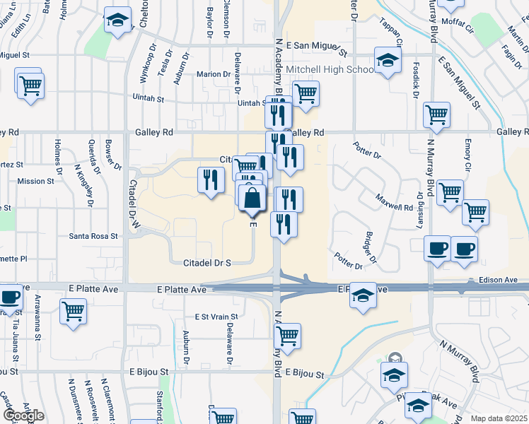 map of restaurants, bars, coffee shops, grocery stores, and more near in Colorado Springs