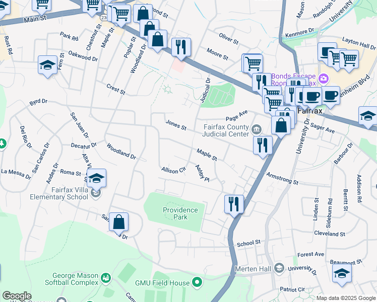 map of restaurants, bars, coffee shops, grocery stores, and more near 4200 Allison Circle in Fairfax