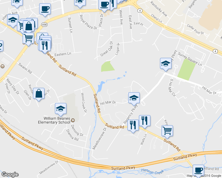 map of restaurants, bars, coffee shops, grocery stores, and more near 3215 Prince Ranier Place in District Heights