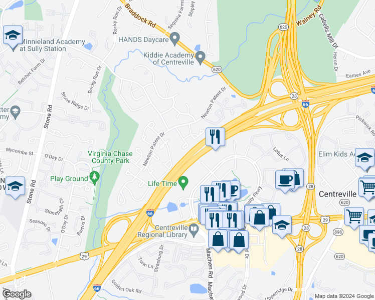 map of restaurants, bars, coffee shops, grocery stores, and more near 14304 Little Rocky Mountain Court in Centreville
