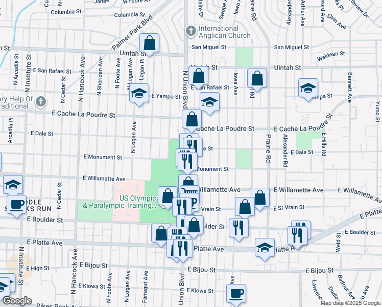 map of restaurants, bars, coffee shops, grocery stores, and more near 827 North Union Boulevard in Colorado Springs