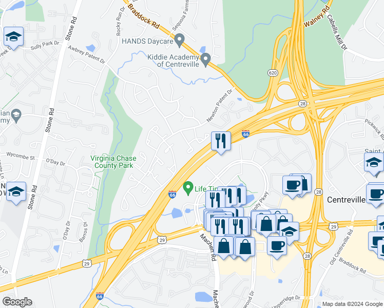 map of restaurants, bars, coffee shops, grocery stores, and more near 14304 Little Rocky Mountain Court in Centreville