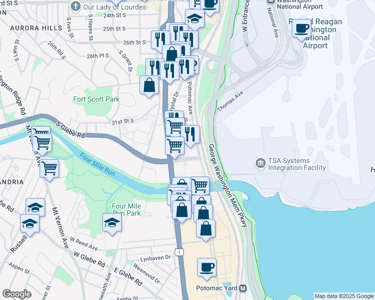 map of restaurants, bars, coffee shops, grocery stores, and more near 3535 South Ball Street in Arlington