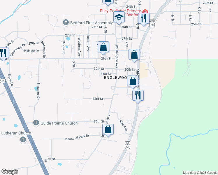 map of restaurants, bars, coffee shops, grocery stores, and more near 3203 Washington Avenue in Bedford