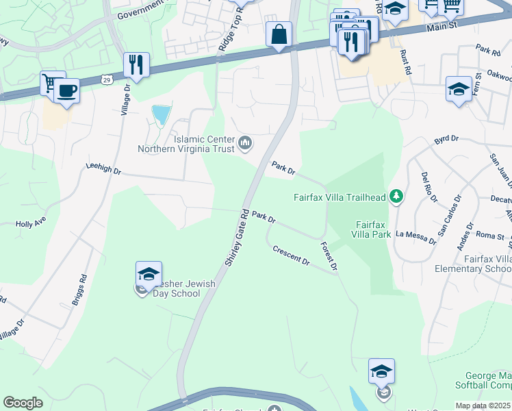 map of restaurants, bars, coffee shops, grocery stores, and more near 4515 Shirley Gate Road in Fairfax