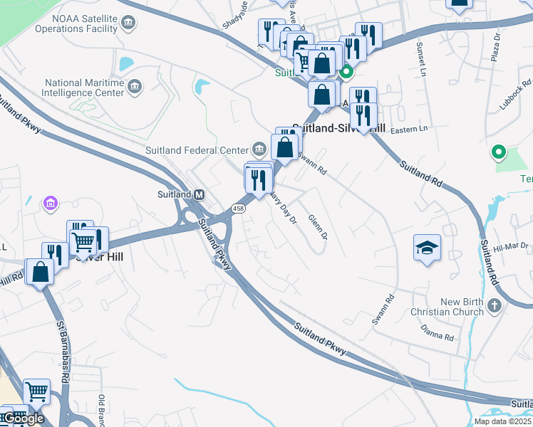 map of restaurants, bars, coffee shops, grocery stores, and more near 3401 Pearl Drive in Suitland-Silver Hill