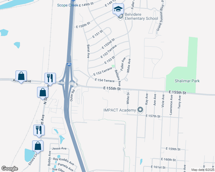 map of restaurants, bars, coffee shops, grocery stores, and more near 6208 East 155th Street in Grandview