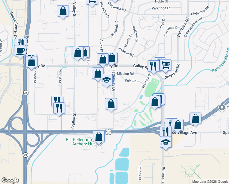 map of restaurants, bars, coffee shops, grocery stores, and more near 821 Hathaway Drive in Colorado Springs