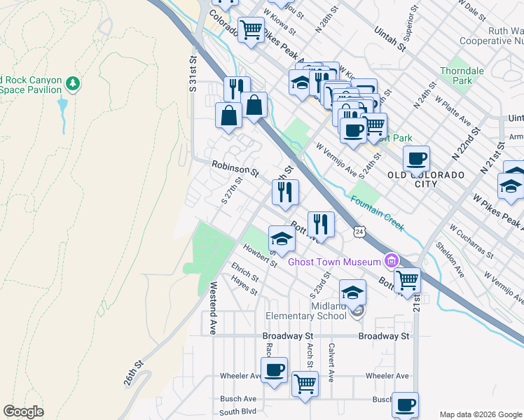 map of restaurants, bars, coffee shops, grocery stores, and more near 2525 Robinson Street in Colorado Springs