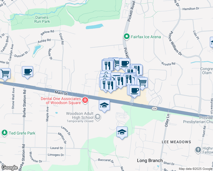 map of restaurants, bars, coffee shops, grocery stores, and more near 9652 Main Street in Fairfax