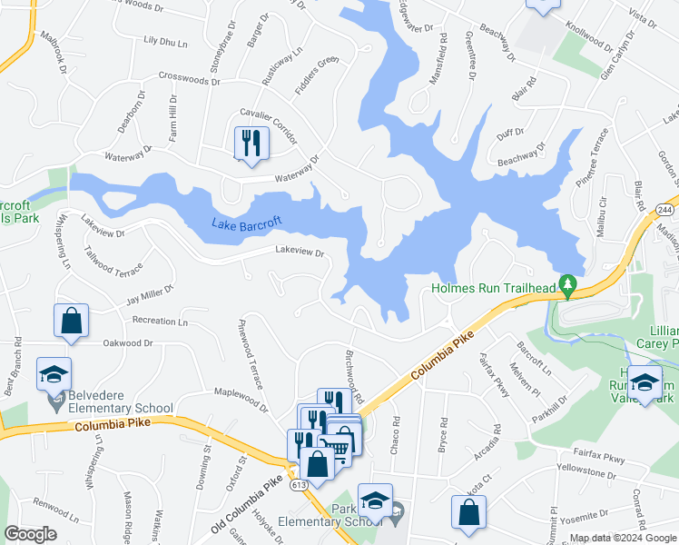 map of restaurants, bars, coffee shops, grocery stores, and more near 6372 Lakeview Drive in Falls Church