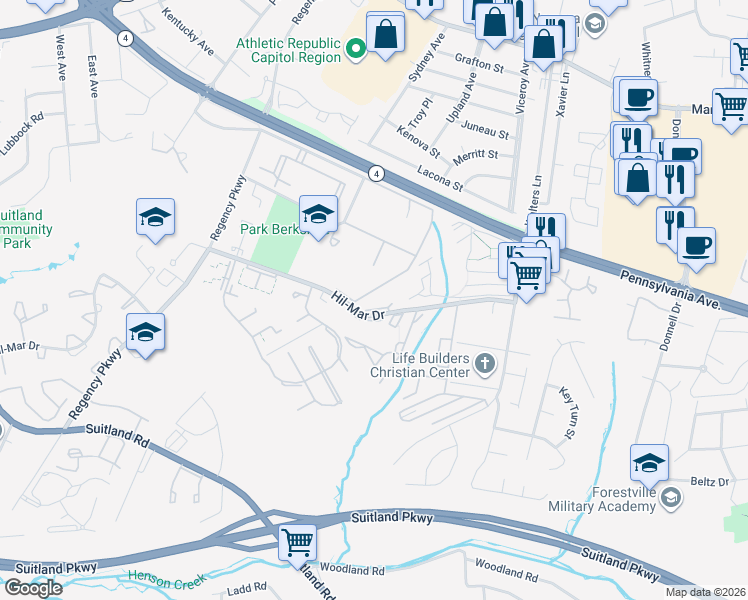 map of restaurants, bars, coffee shops, grocery stores, and more near 6302 Hil-Mar Drive in District Heights