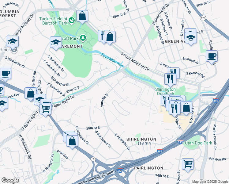 map of restaurants, bars, coffee shops, grocery stores, and more near 2836C South Wakefield Street in Arlington