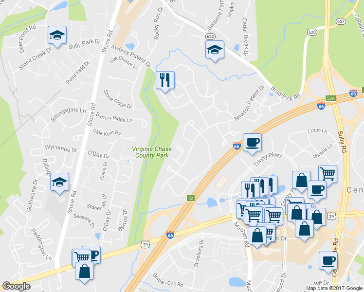 map of restaurants, bars, coffee shops, grocery stores, and more near 5905 Grisby House Court in Centreville