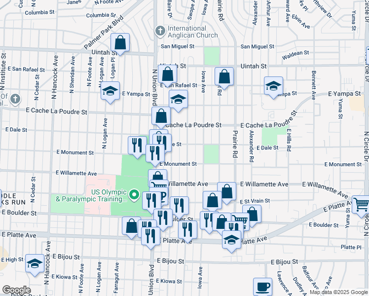 map of restaurants, bars, coffee shops, grocery stores, and more near 808 Swope Avenue in Colorado Springs