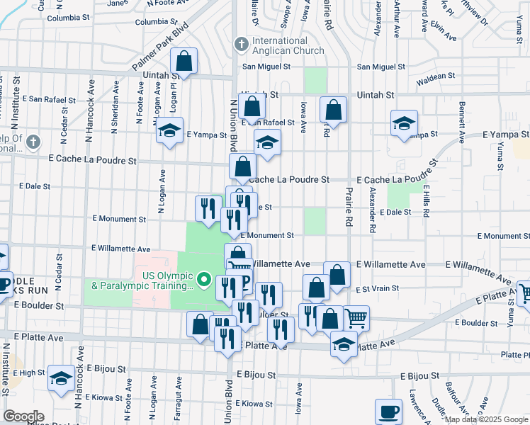 map of restaurants, bars, coffee shops, grocery stores, and more near 802 Bonfoy Avenue in Colorado Springs