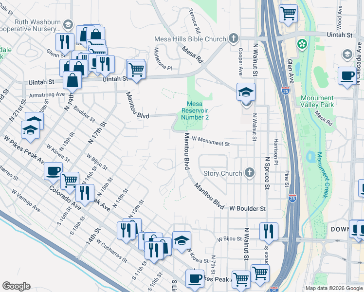map of restaurants, bars, coffee shops, grocery stores, and more near 744 West Monument Street in Colorado Springs