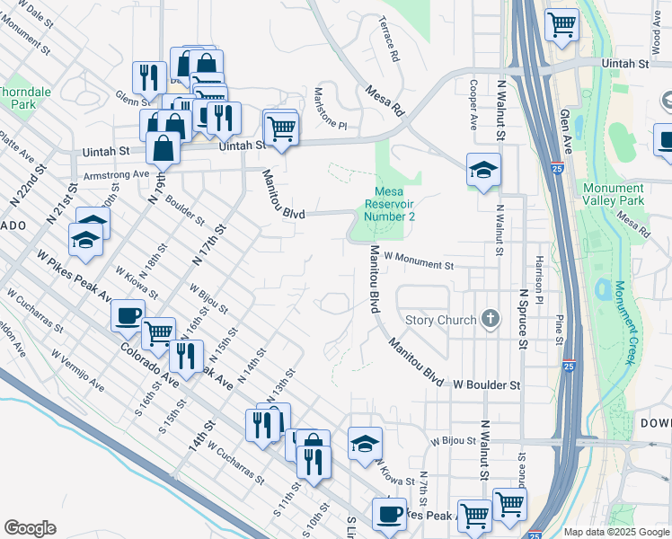 map of restaurants, bars, coffee shops, grocery stores, and more near 880 Manitou Boulevard in Colorado Springs