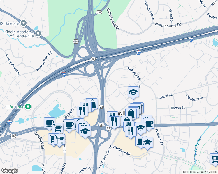 map of restaurants, bars, coffee shops, grocery stores, and more near 5636 Willoughby Newton Drive in Centreville
