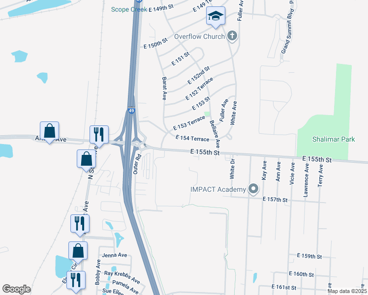 map of restaurants, bars, coffee shops, grocery stores, and more near 6203 East 154 Terrace in Grandview