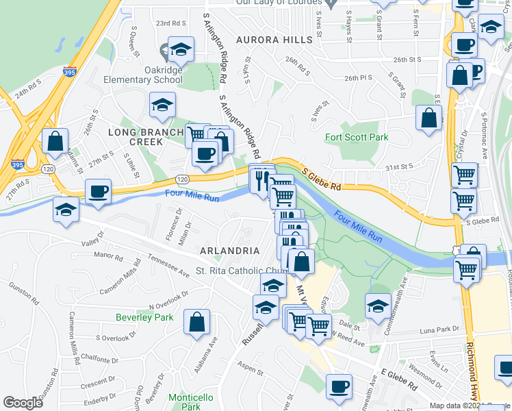 map of restaurants, bars, coffee shops, grocery stores, and more near 511 4 Mile Road in Alexandria