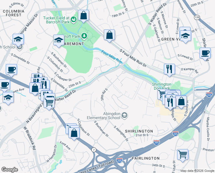 map of restaurants, bars, coffee shops, grocery stores, and more near 4621 28th Road South in Arlington