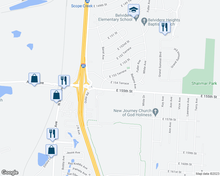 map of restaurants, bars, coffee shops, grocery stores, and more near 6102 East 155th Street in Grandview