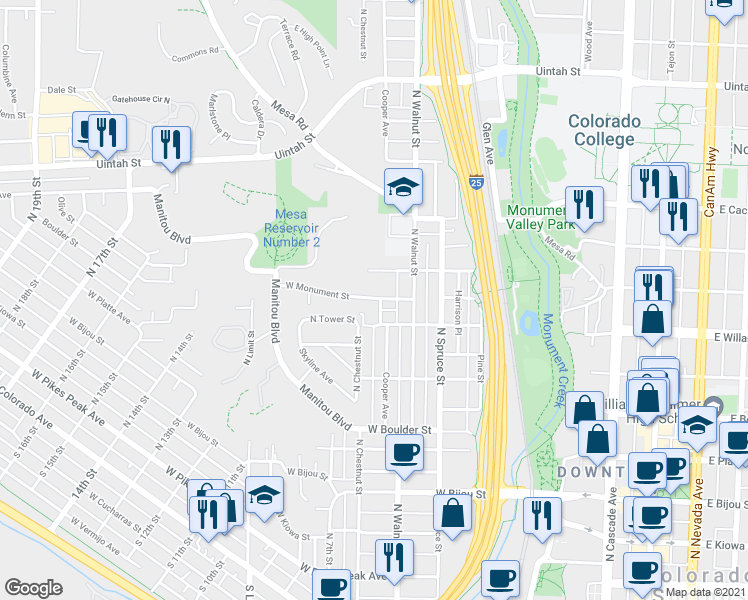 map of restaurants, bars, coffee shops, grocery stores, and more near 1320 Cooper Avenue in Colorado Springs