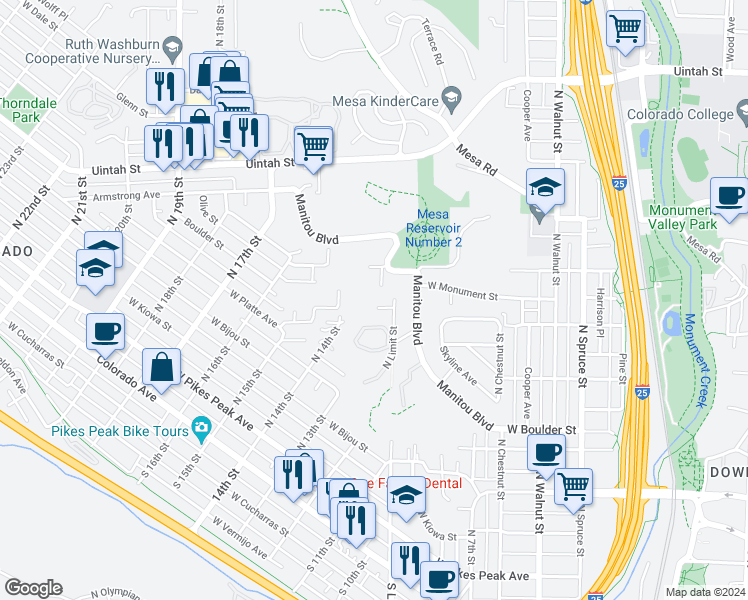 map of restaurants, bars, coffee shops, grocery stores, and more near 1340 Talley Circle in Colorado Springs