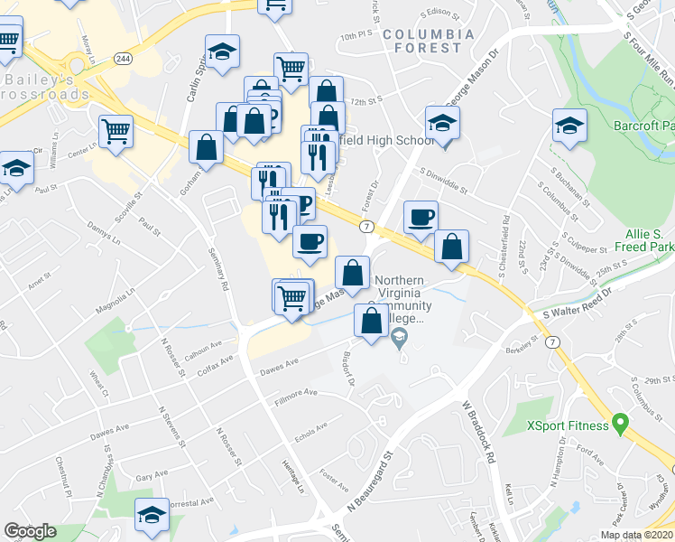 map of restaurants, bars, coffee shops, grocery stores, and more near 5109 Leesburg Pike in Falls Church