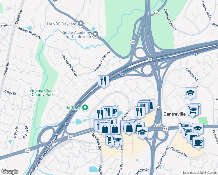 map of restaurants, bars, coffee shops, grocery stores, and more near 5860 Trinity Parkway in Centreville