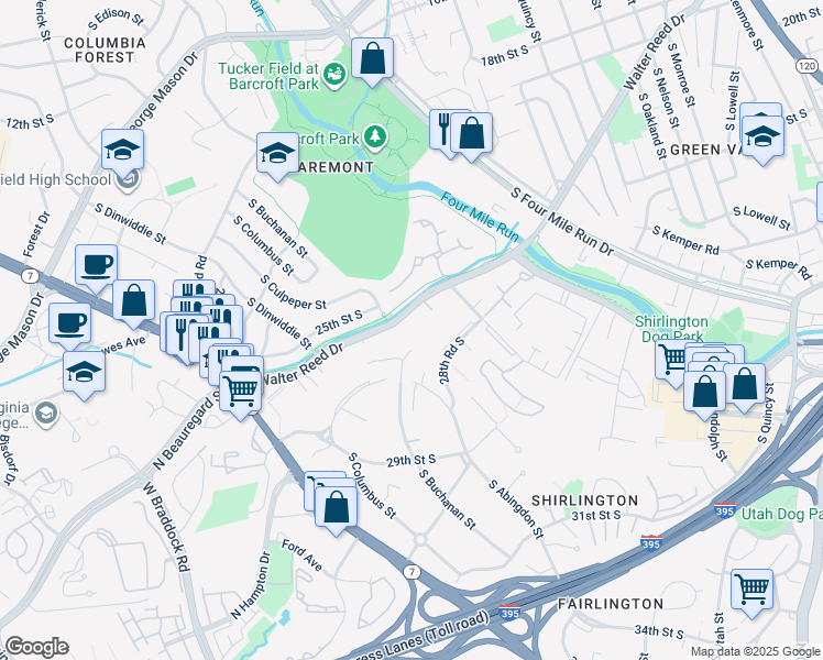 map of restaurants, bars, coffee shops, grocery stores, and more near 4633 28th Road South in Arlington