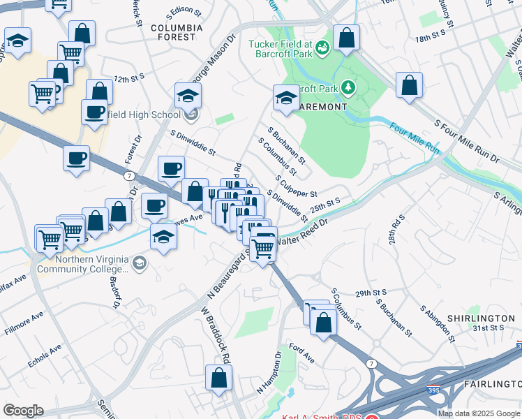 map of restaurants, bars, coffee shops, grocery stores, and more near 5017 23rd Street South in Arlington