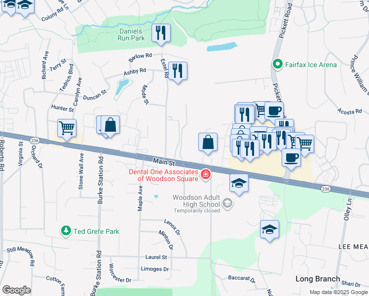 map of restaurants, bars, coffee shops, grocery stores, and more near 3961 Lyndhurst Drive in Fairfax