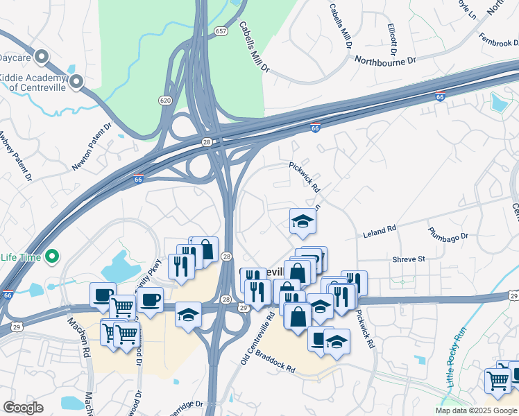 map of restaurants, bars, coffee shops, grocery stores, and more near 5612 Willoughby Newton Drive in Centreville