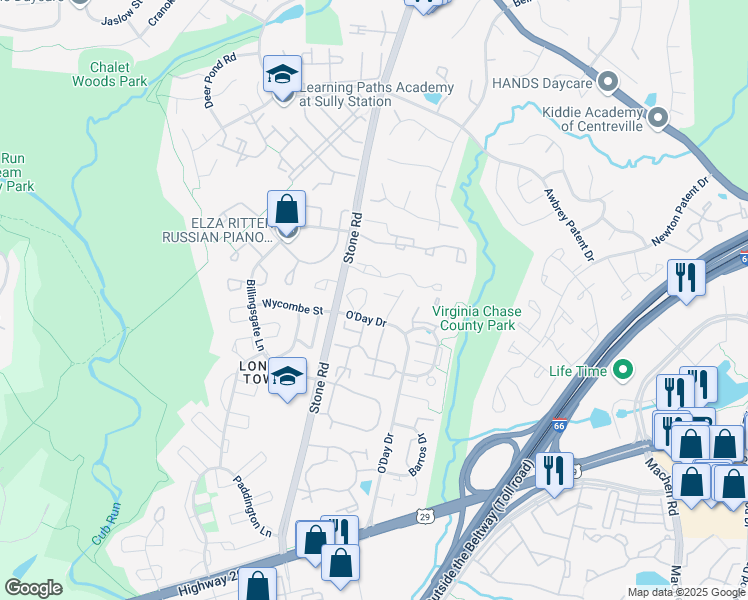 map of restaurants, bars, coffee shops, grocery stores, and more near 5948 Raina Drive in Centreville