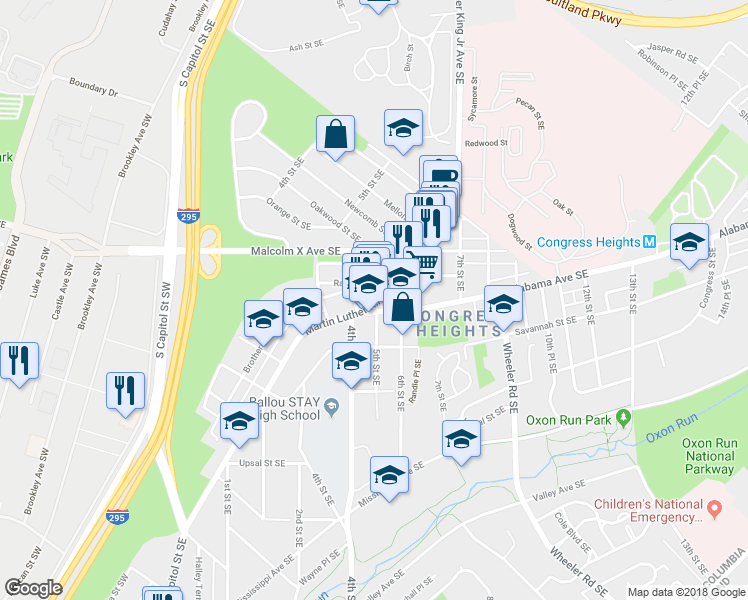 map of restaurants, bars, coffee shops, grocery stores, and more near 3113 Martin Luther King Jr Ave SE in Washington