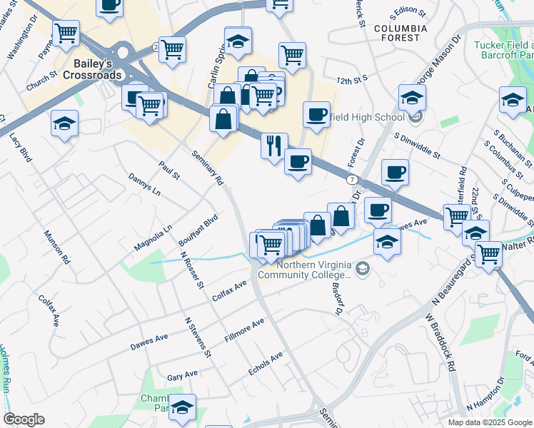 map of restaurants, bars, coffee shops, grocery stores, and more near 5563 Seminary Road in Falls Church