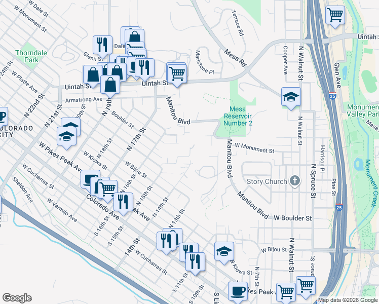 map of restaurants, bars, coffee shops, grocery stores, and more near 410 North 15th Street in Colorado Springs
