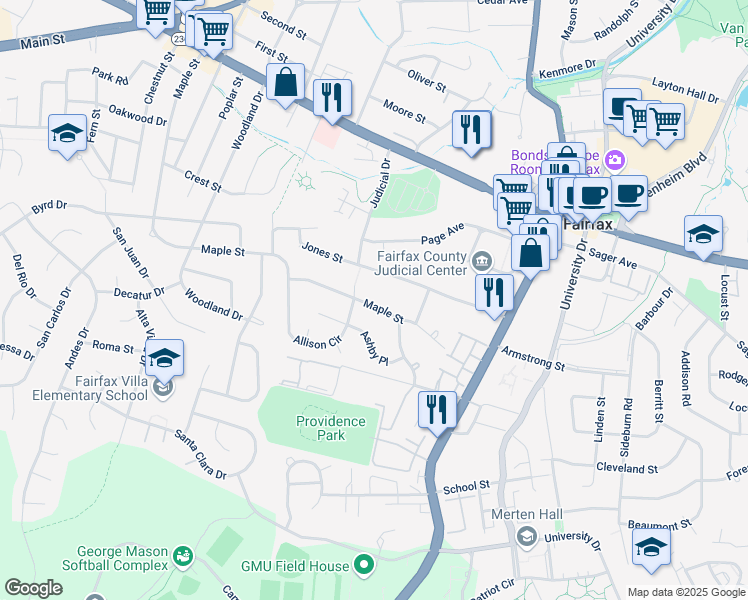 map of restaurants, bars, coffee shops, grocery stores, and more near 10648 Maple Street in Fairfax