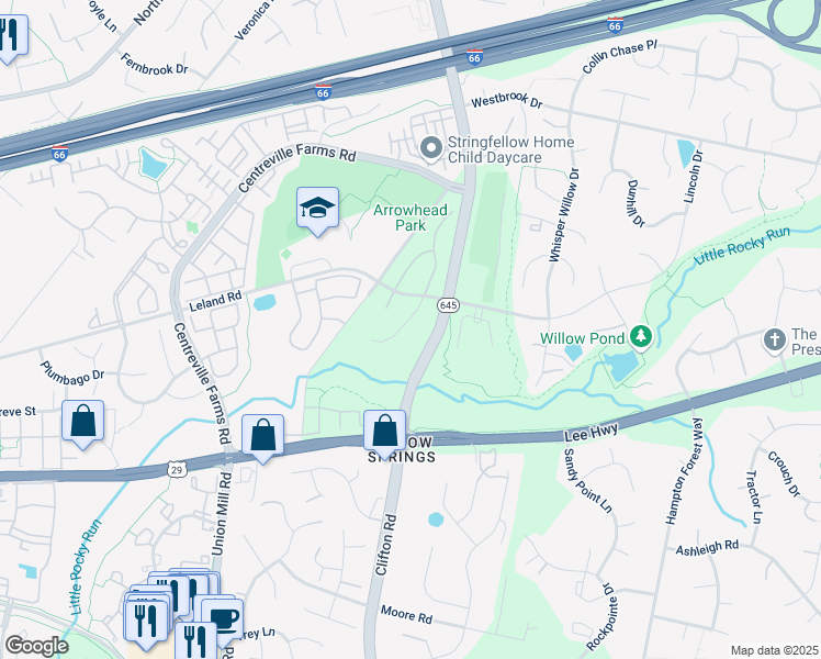 map of restaurants, bars, coffee shops, grocery stores, and more near 5309 Poplar Valley Court in Centreville